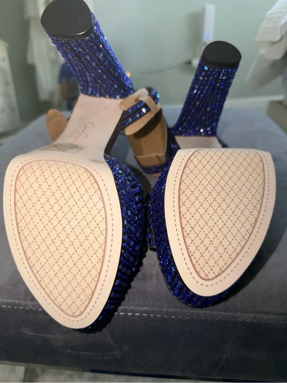 Jessica Simpson Midnight Blue Rhinestone Ankle Strap Platform Heels Sandals 9.5M